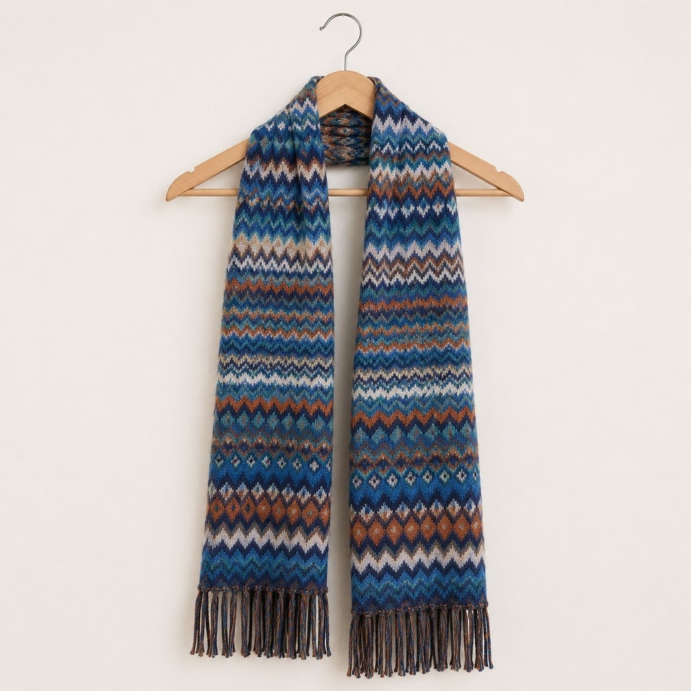 Fraas Cashmink Zig Zag Geometric Scarf Womens Blue Knit Fringe Boho Fair Isle